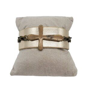 JEWELRY Silver Cross Faux Leather Band Bracelet Size 8" Length